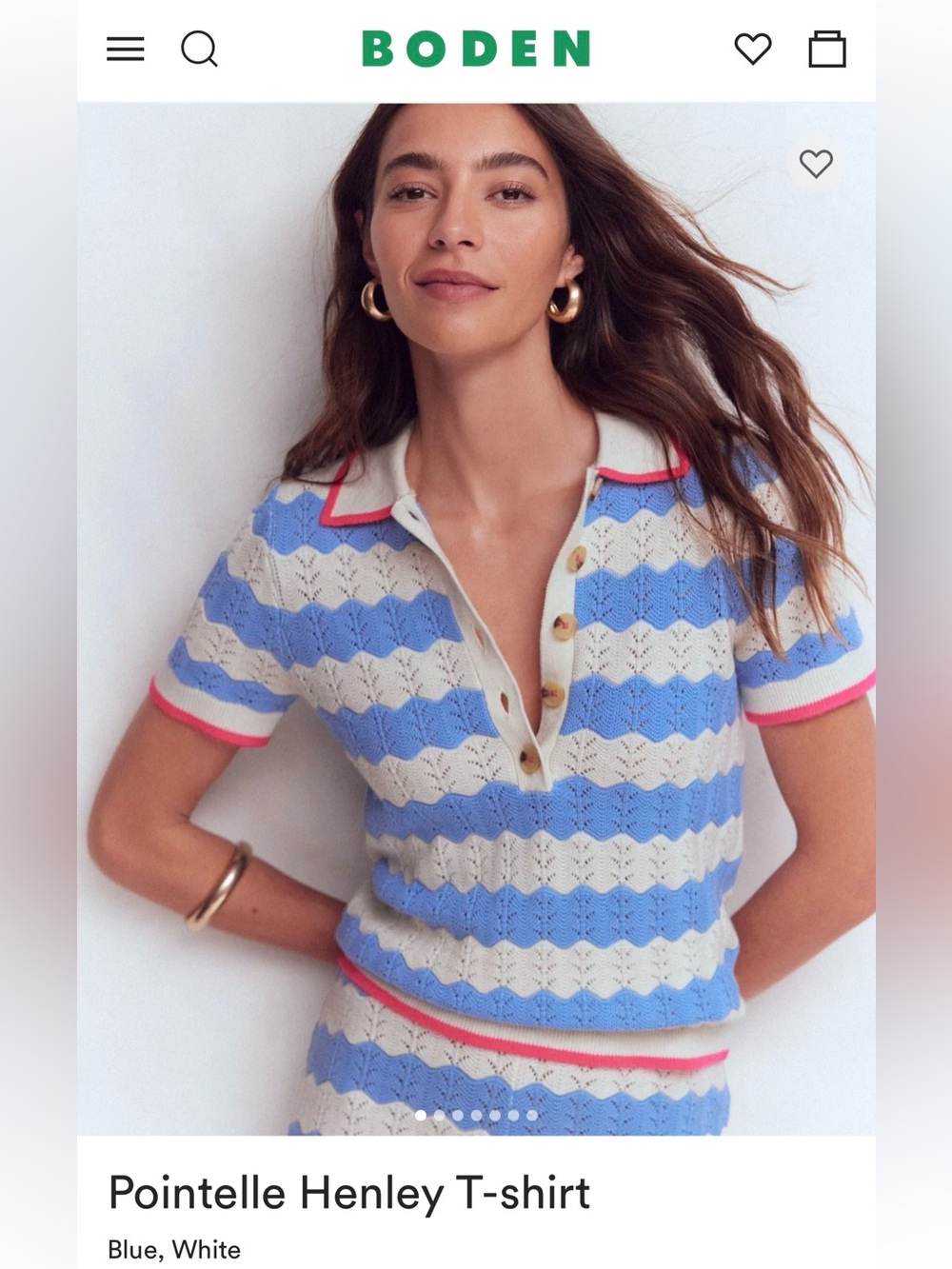 Boden Pointelle Henley T-Shirt Blue White Pink SIZE LARGE